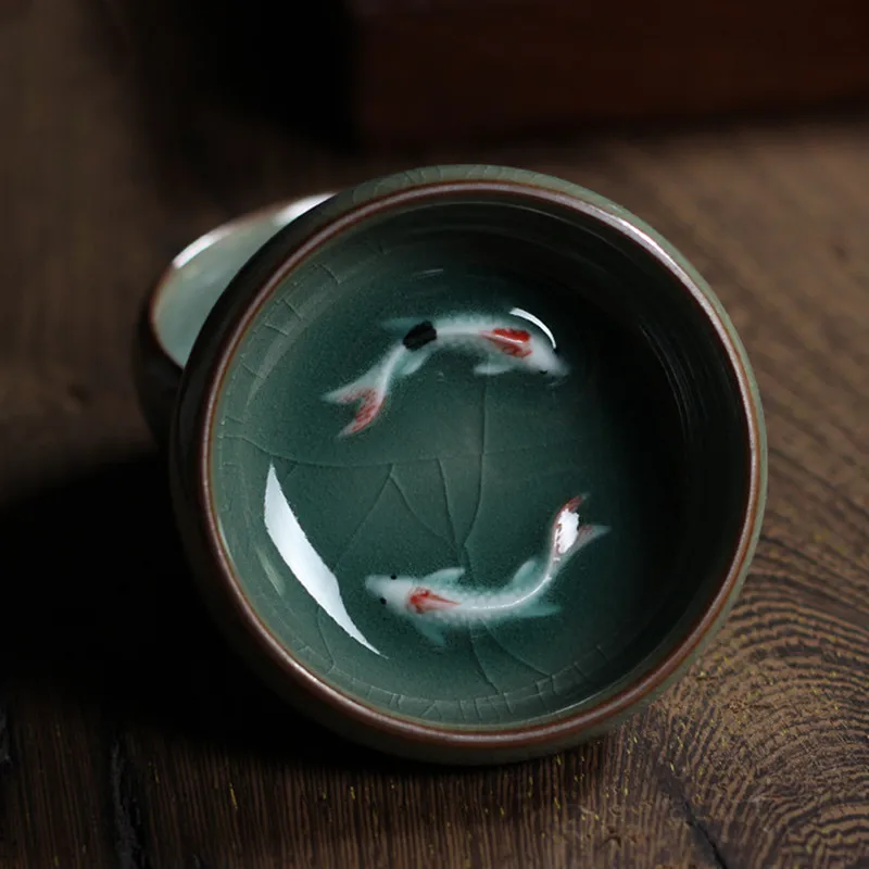 Chinese Longquan Celadon Porcelain China Tea cup And Saucer Tea Bowl With Golden Fish 60ml Celadon Crackle Tea cup