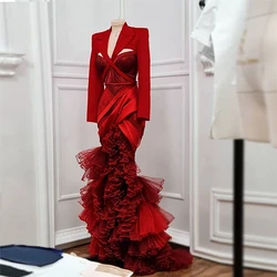 Unique Design Red Evening Gowns Satin Long Sleeves Tulle Ruffles Mermaid Prom Dresses Tiered Sweep Train Formal Party Dress 2022