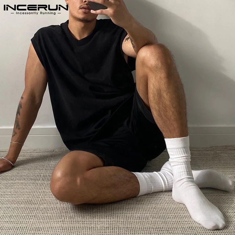 INCERUN New Men's Casual Streetwear Style Vests Shorts Suits Male All-match Simple Solid Comfortable Two-piece Suits S-5XL 2022