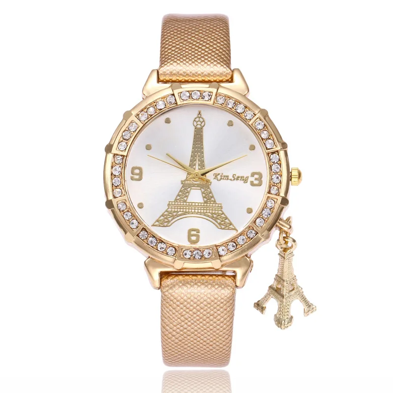 Women Fashionable Dress Paris Eiffel Tower Watches Pink Leather Band Quartz Watches Charm Waches Relogio Feminino Reloje Mujer