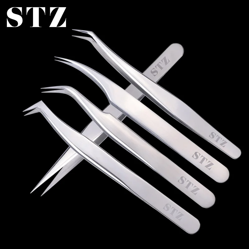 STZ 1pcs Stainless Steel Eyelash Extension Tweezers Straight Curved Curler For Eyelash-false Clip Makeup Nail Art Tools S01-05