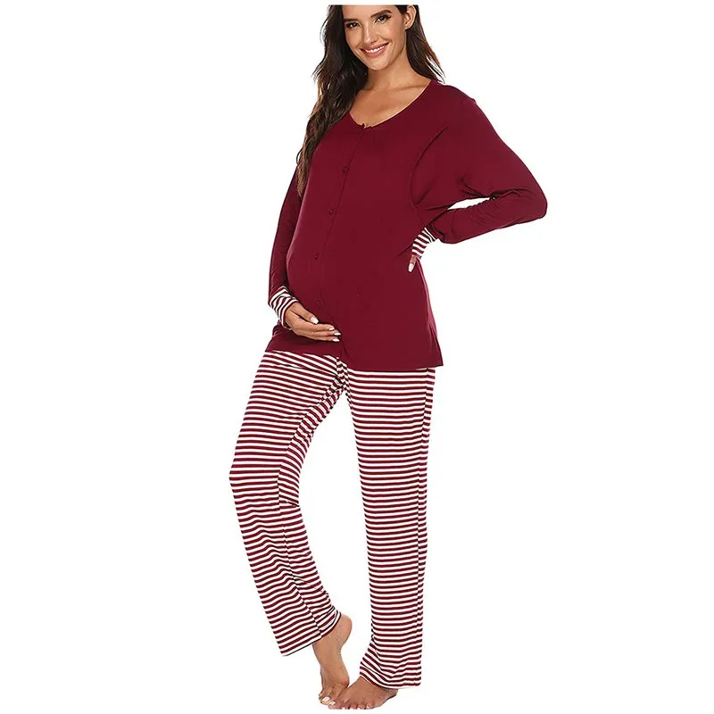 Maternity Clothes Long-sleeved T-shirt Button Breastfeeding Top Adjustable Waistband Striped Trousers Pajamas Set Loose Soft