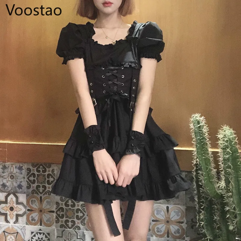 Japanese Women Black Gothic Lolita Dress Victorian Renaissance Retro Chic Punk Style Puff Sleeve Bandage Mini Dress Girl Dresses