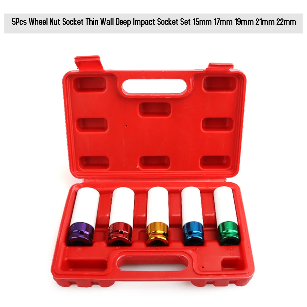 5Pcs 15-22mm Alloy Thin Wall Roda Porca 1/2 ''Deep Impact Socket Drive Set Para Auto Car Repair Tool Set