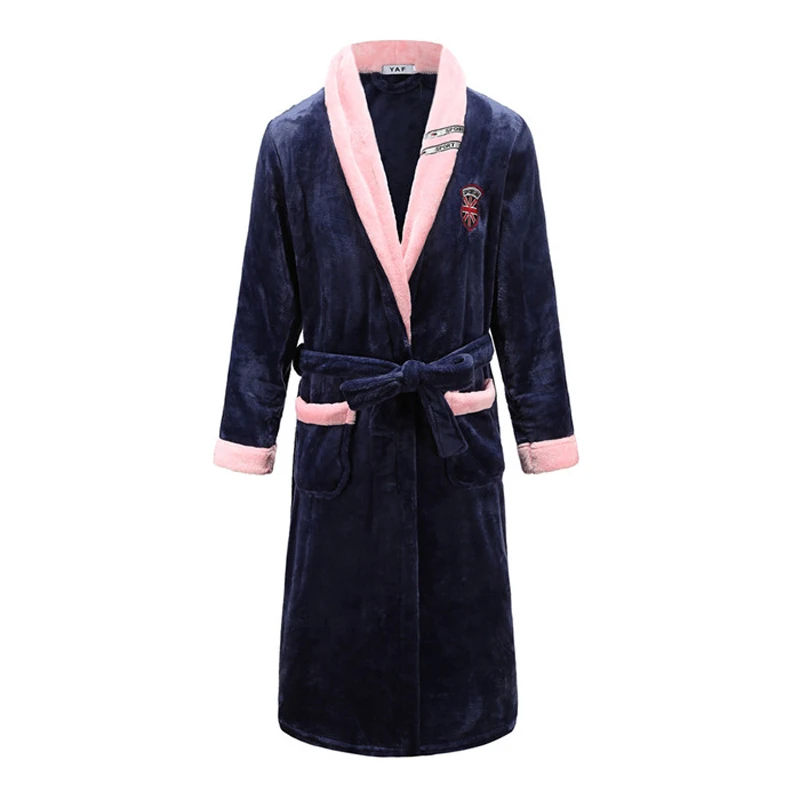 Autumn/Winter Men Nightgown Kimono Bathrobe Gown Coral Fleece Negligee V-neck Intimate Lingerie Solid Colour Sleepwear