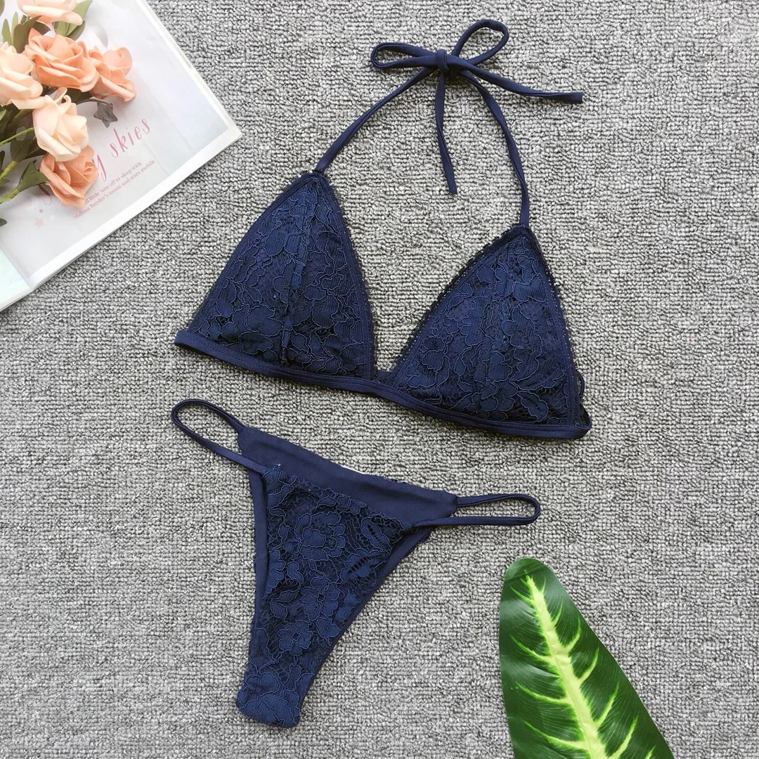 2021New Solid Color Swimsuit Ladies Split Lace Biquini Women\'s Swimwear Women Bathing Suits Sexy Brazilian Push Up Bikini Set