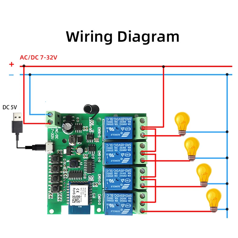 USB 5V DC 12V 24V 32V 4 Channel WIFI Tuya Smart Life Motor Controller for Electric Linear Actuator,4CH Pulse Relay,RF433 Remote