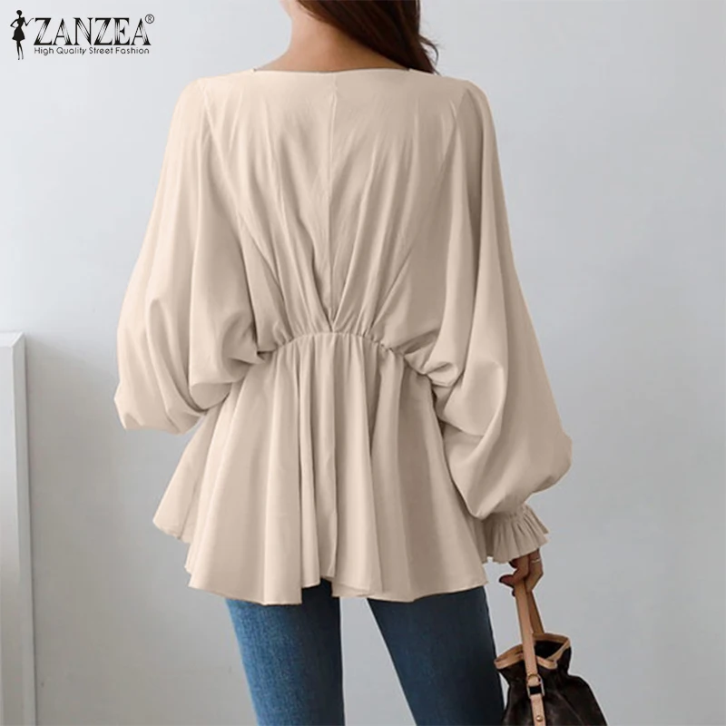 ZANZEA 2023 Stylish Puff Sleeve Tops Women\'s High Waist Blouses Casual V Neck Ruffle Blusas Female Solid Tunic