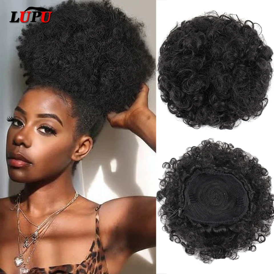 LUPU-moño de pelo sintético Afro Puff Chignon corto Kinkys rizado con cordón, coleta para mujeres negras, piezas de cabello afroamericanas