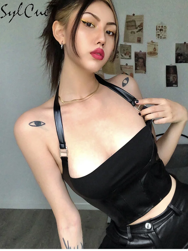 Nibber Hanging Neck Sexy Simple Black Nightclub Matte Charm Hot High Street Shrink Gather Women's Navel Short Top Vest
