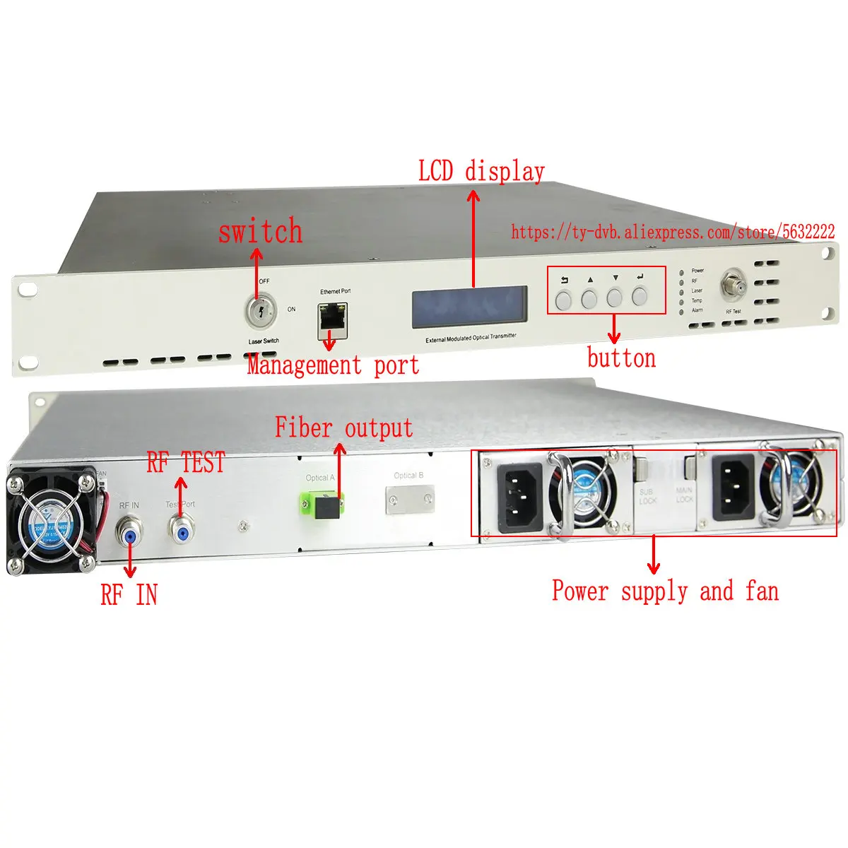 Transmissor óptico de modulação externa 1550nm 5db transmissor óptico RF para fibra