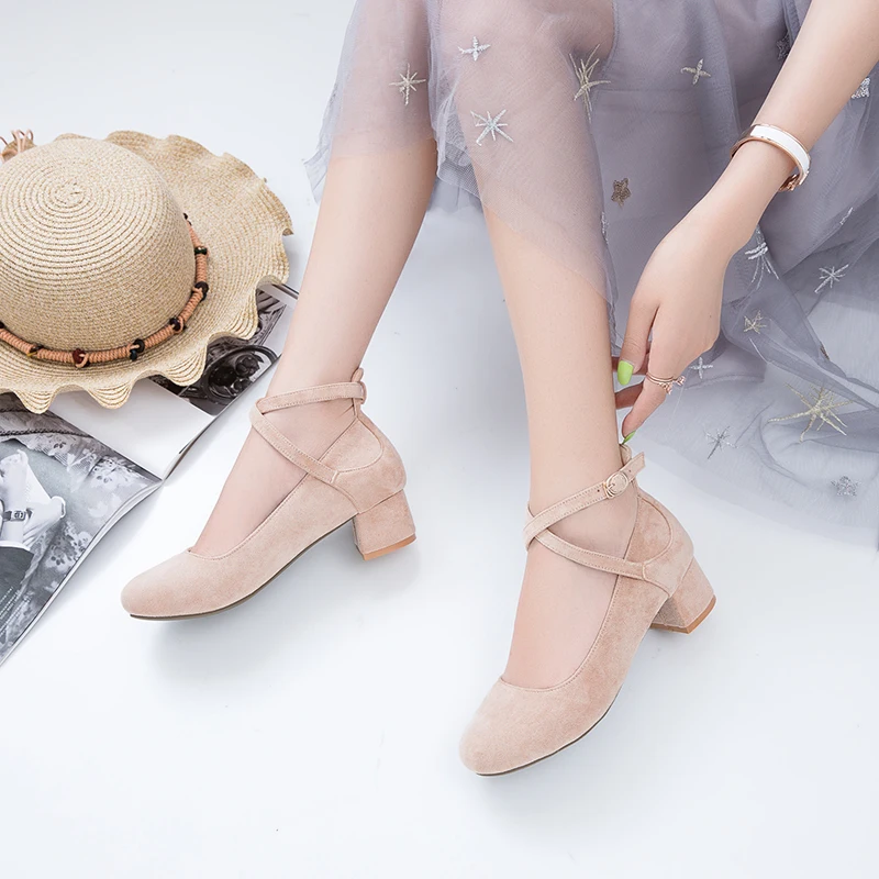 Lolita – chaussures en daim confortables à talons hauts, pour étudiants, à sangle croisée, mi-talons, petites chaussures fraîches pour femmes, printemps et automne