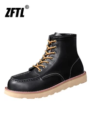 ZFTL Men Ankle boots Cow Leather Vintage Motorcycle  Chelsea Boots Tooling Boots Winter Cotton Casual Boots Retro Lace up Brown