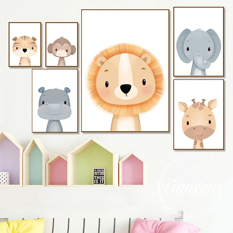 Cute Cartoon Animal Decorative Picture Lion Baby Elephant Children's Room Kindergarten Canvas Painting Wall Art Kids Room Decor