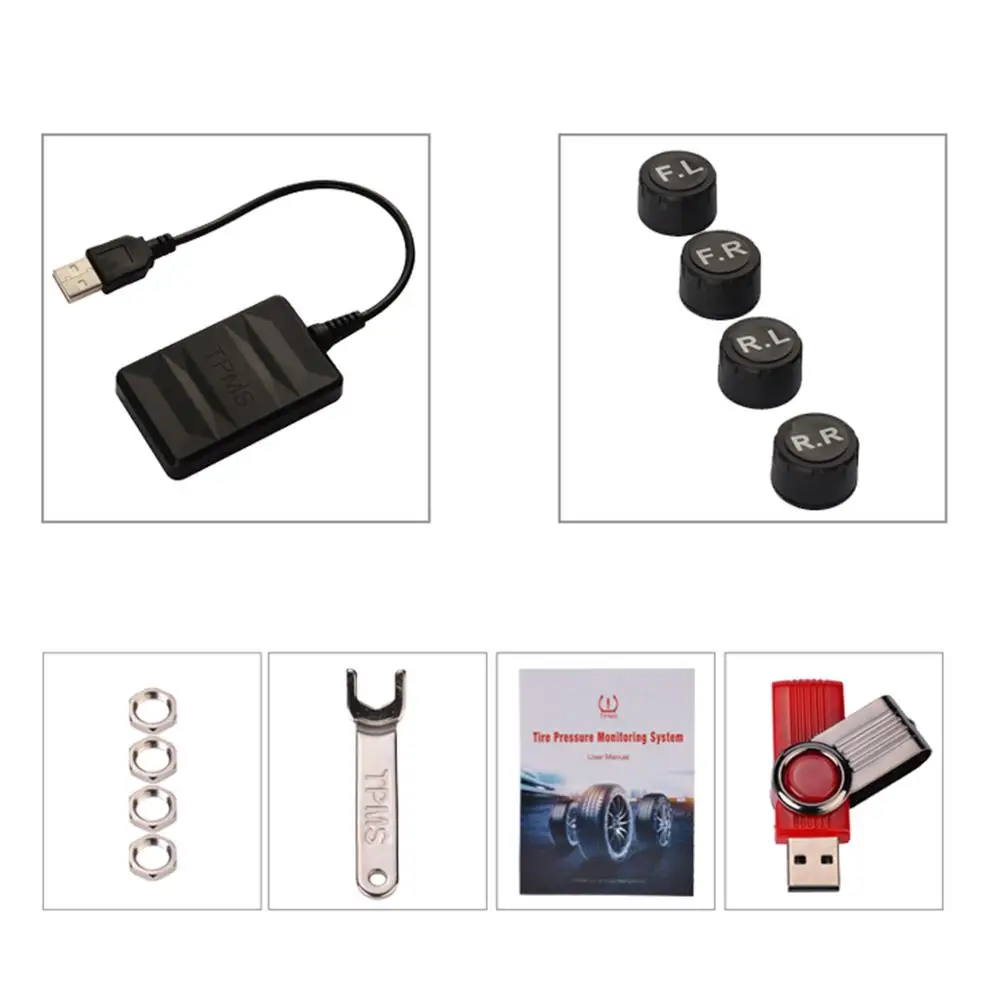 USB Spare Tire Pressure Monitoring System TPMS Built-in/External 5 Sensors Real-time Display Navigation