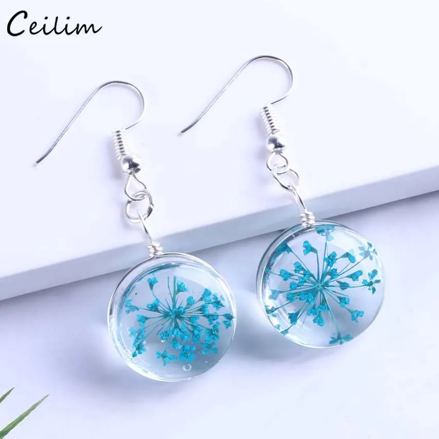 2024 New Colorful Dried Flower Earrings Women Fashion Silver Color Clear Transparent Ball Dangle Earring Cute Ear Drop Jewelry