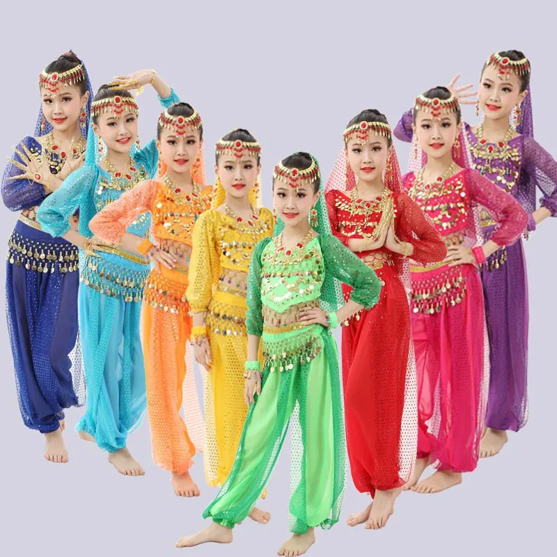 Bollywood Dance Costumes Set Indian Bollywood Kids Dresses 5pcs (Headpieces Veil Top Belt Skirt) Children Belly Dance skirt