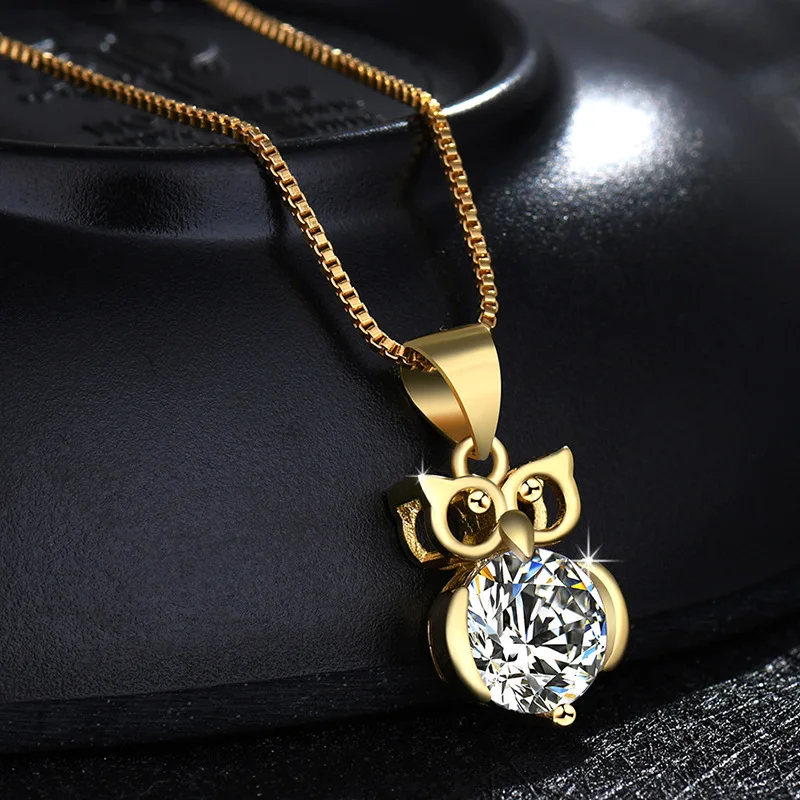 New Fashion Night Owl Bird Pendant Necklace For Men Women Shiny CZ Stone Golden Box Chain Necklaces Punk Hip Hop Accessories