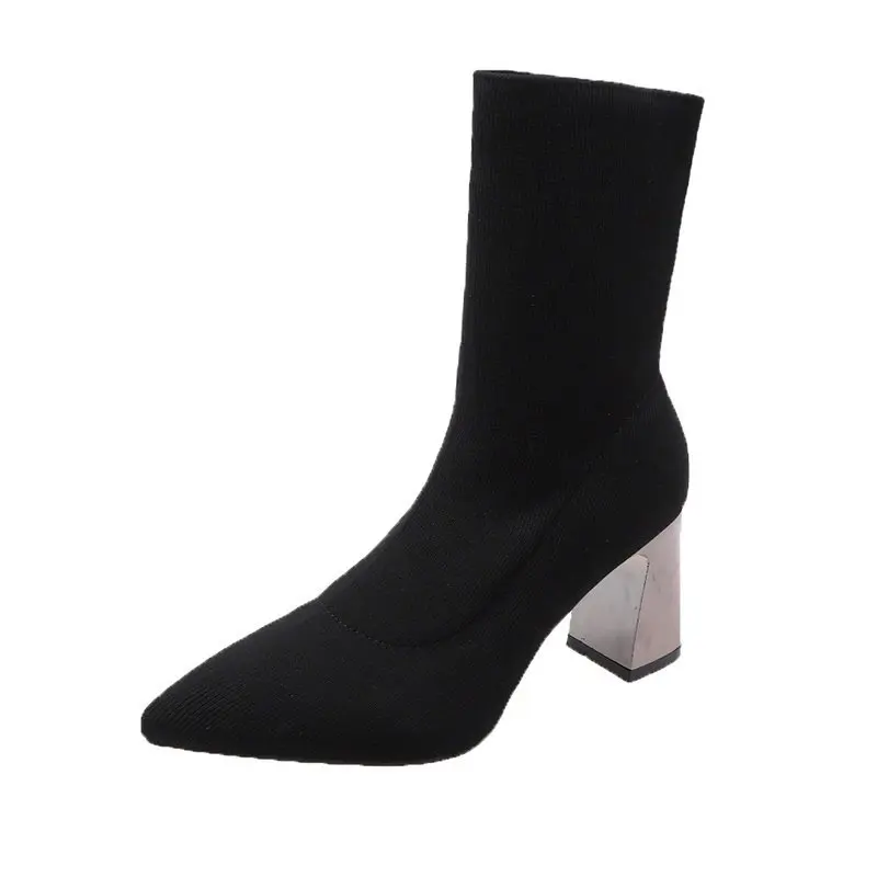 LazySeal 7cm Metal Square Heels Sock Boots Women Shoes Stretch Fabric Pointed Toe Stiletto-heel Shoes Woman Winter Ankle Boots