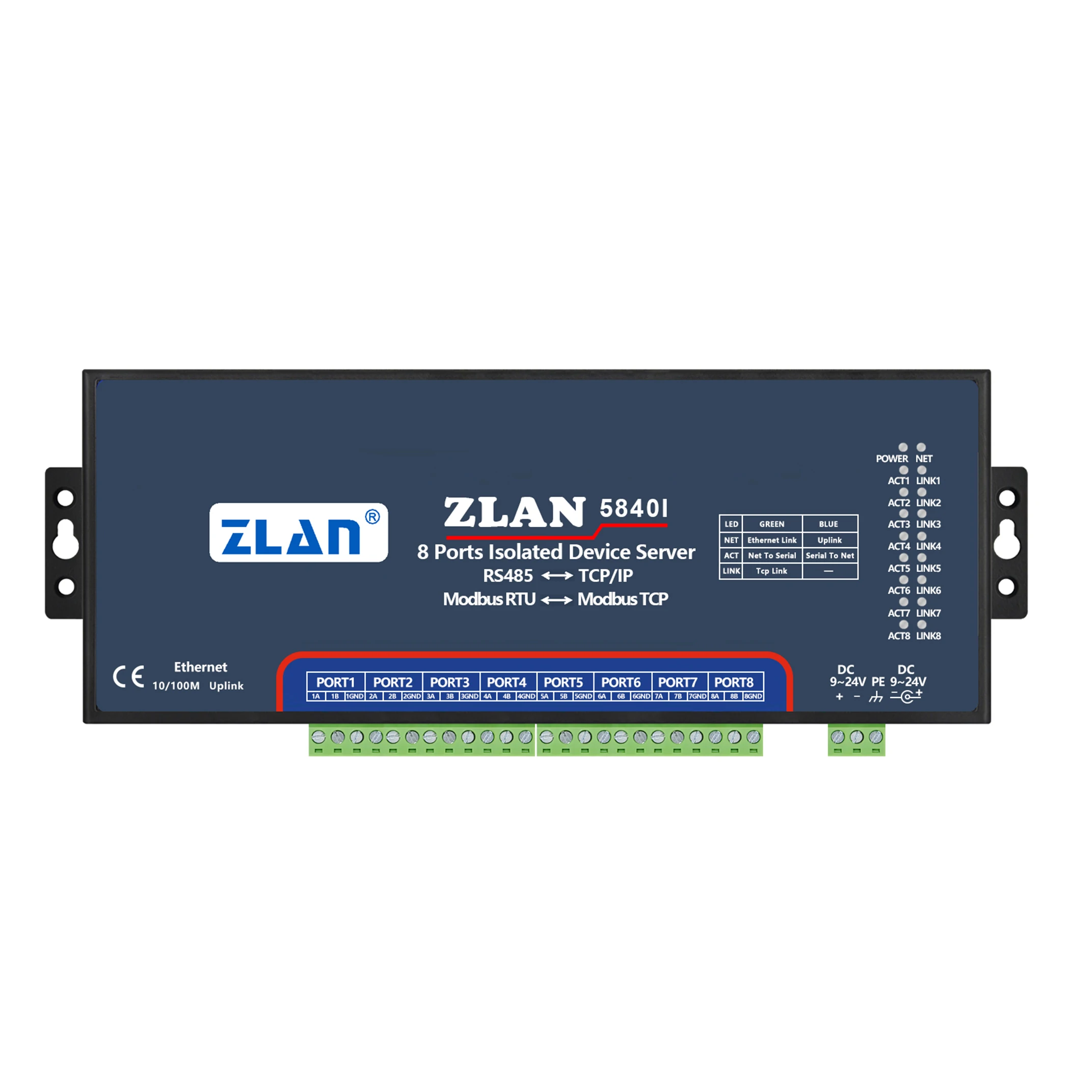 8 ports RS485 to Ethernet ZLAN5840I isolated Modbus TCP to Modbus RTU Gateway isolating serial TCPIP converter