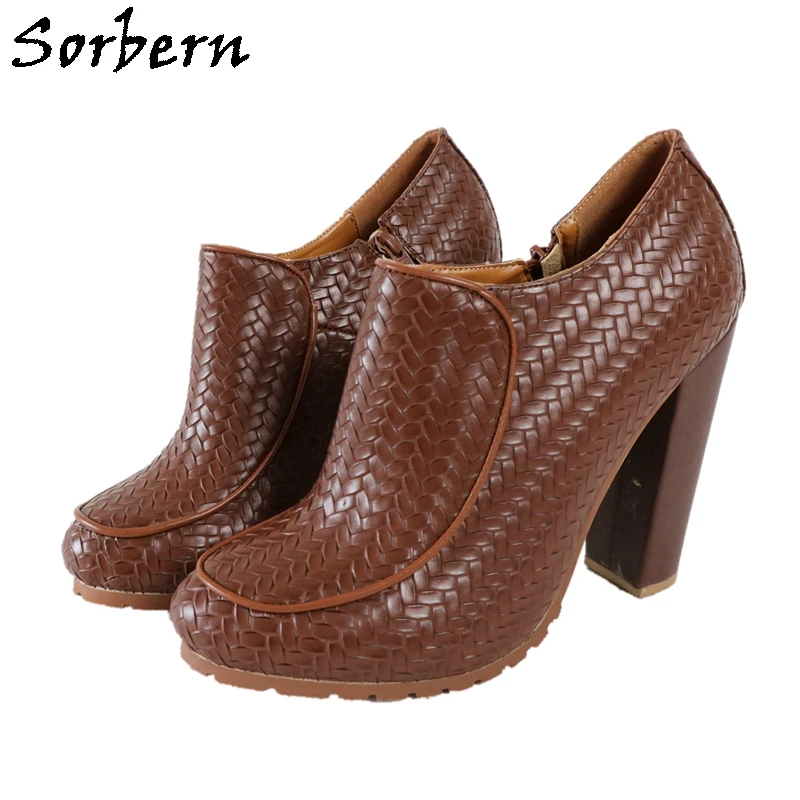 Sorbern Coffee Waved Women Pumps Shoes Block High Heel Side Zipper Cute Rund Toe Slip On Chunky Heeled Custom Colors Rubber Sole