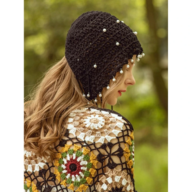 Women knitted hat spring summer handmade hollow beanie cap ethnic style retro hat tassel princess cap