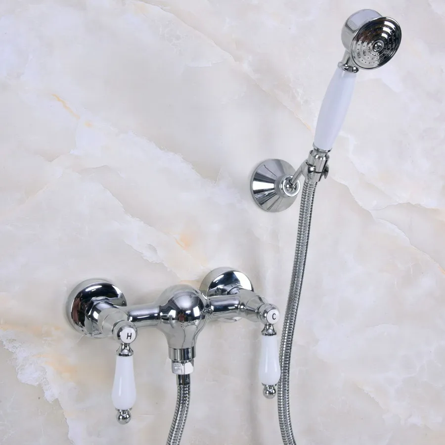 

Polished Chrome Brass Wall Mount Bathtub Faucet with Handheld Shower Set +1.5M Hose Mixer Tap 2na282