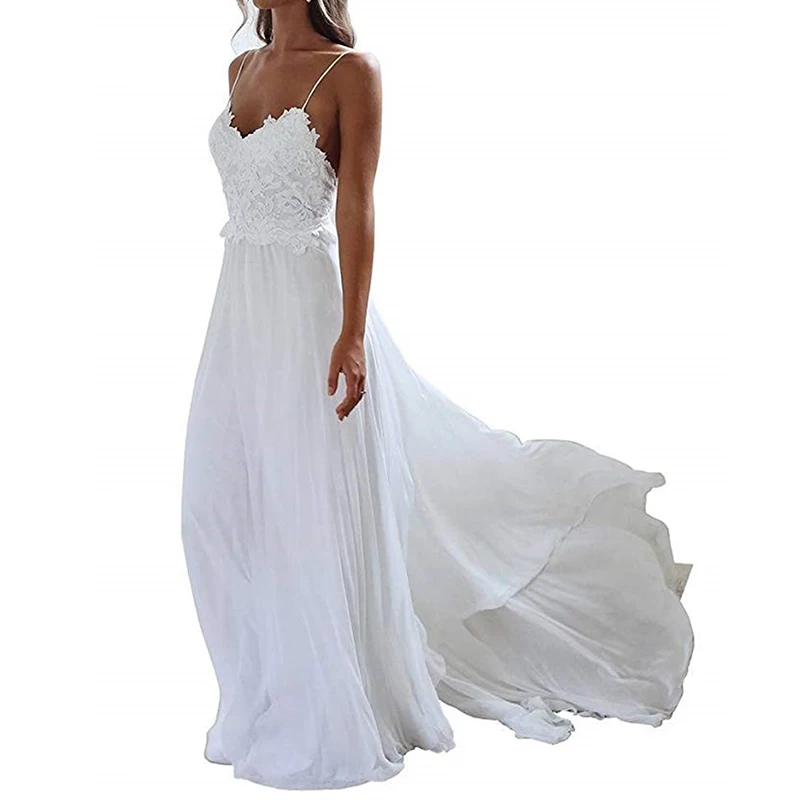 Lace Sling Wedding Dresses Long Sweet Elegant Bride Floor Length Applique Open Back Sexy Embroidery Beach Wedding Dresses