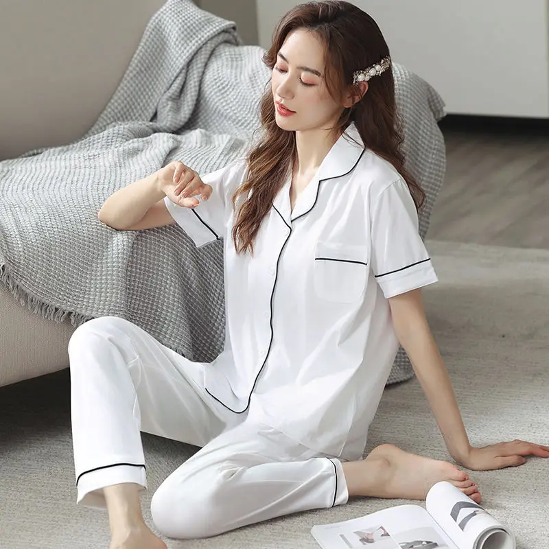

100% Cotton Pajamas Set Women Solid White Pijama Short Sleeves Sleepwear 2021 Summer Pure Cotton Pyjamas Femme Home Clothes