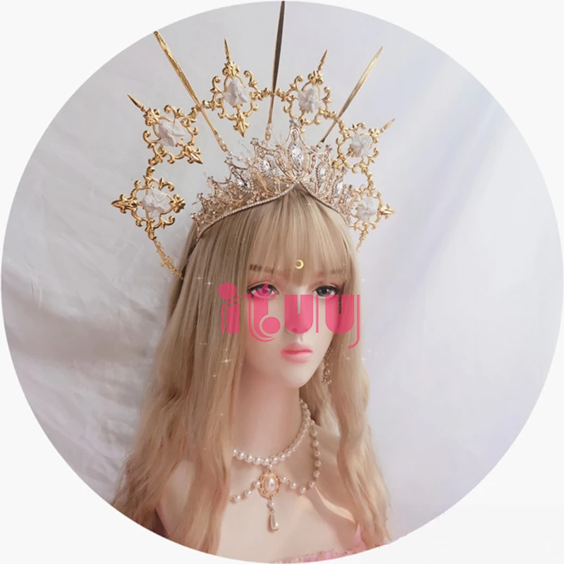 Lolita Vintage KC Headband Angel Gold Halo Goddess Headpiece Virgin Mary Halo Bride Crown Bead Chain Baroque Tiara Headwear