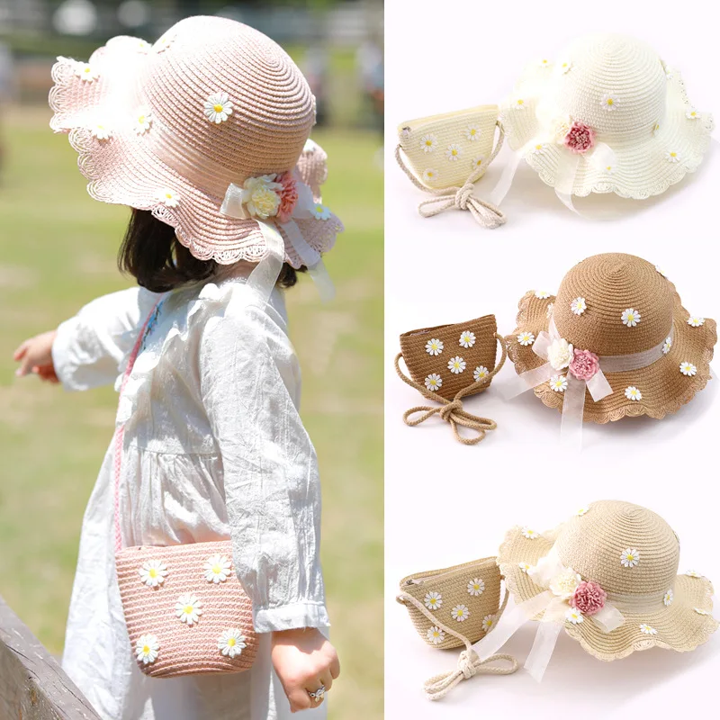 

New Summer Girl Straw Hat Bag Set Sun Cap Outdoor Kids Breathable Beach Hats Chrysanthemum Sweet Princess Seaside Panama Hat