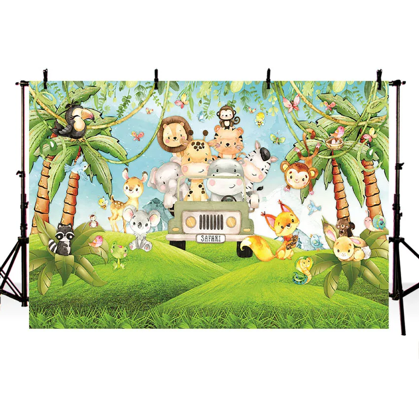 子供のためのジャングルサファリ動物の写真の背景、パーティーの装飾による背景、誕生日ケーキのテーブルのバナー、ベビーシャワー