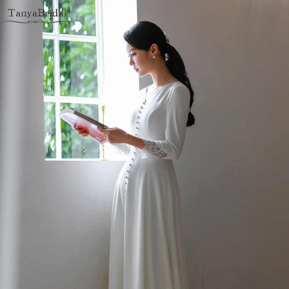 

Простые свадебные платья с рукавами 3/4, длиной до щиколотки, с жемчугом и пуговицами, элегантные свадебные танцевальные платья, гравлены Noivas DW404