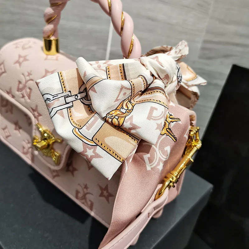 Embossed Sweet Small Square Bag With Silk Scarf Hard Handheld Soft Hand Feeling Handbag First-Hand Source Of Own Trademark Brand