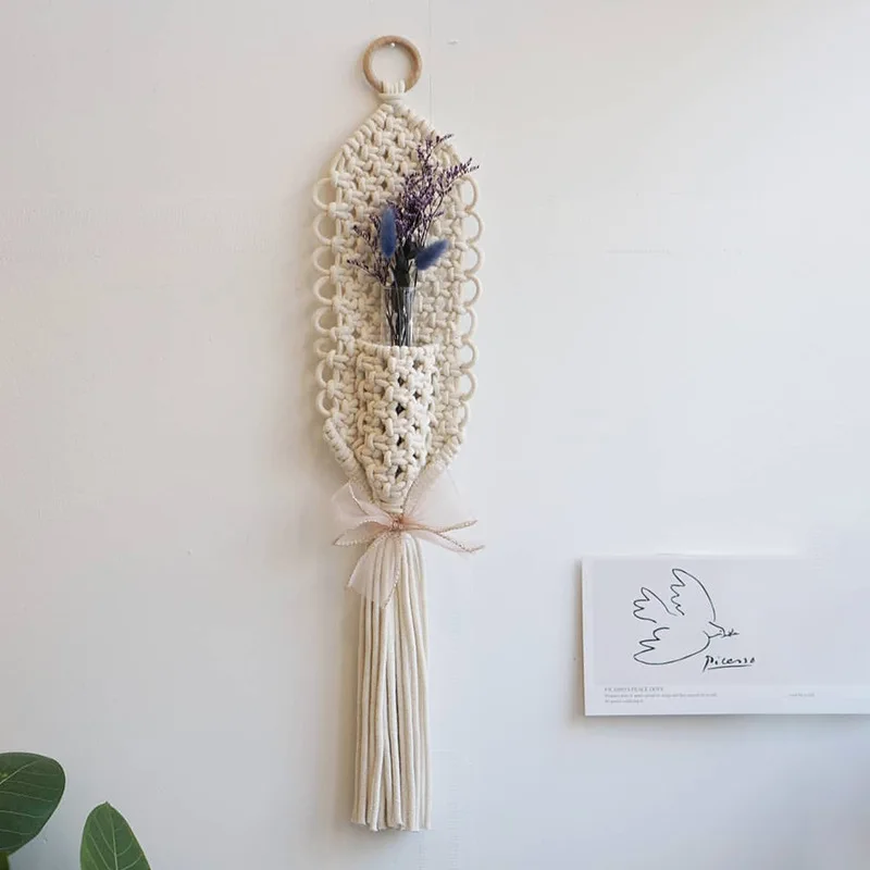 Hand-woven Tapestry Cotton Rope Net Bag Flower Basket Wall Hanging Bohemian Tapestries Macrame Plant Hanger Decoration