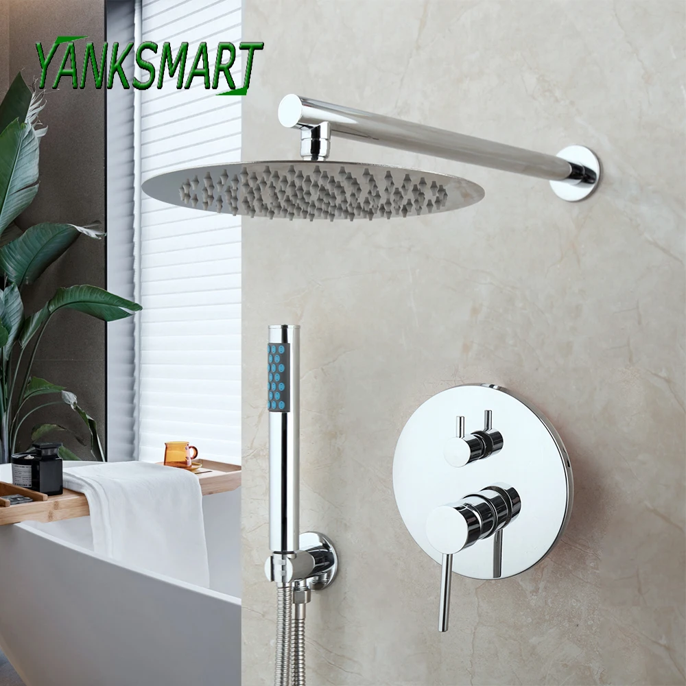 

YANKSMART 10" Chrome Polished Shower Head Bathroom Shower Faucet Wall Mount Rainfall Shower Mixer Water Tap With Hand Spray Kit