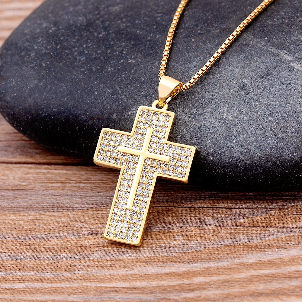 New Classic Retro Shiny Cubic Zirconia Cross For Women Fashion Gold Color Crystal Choker Pendant Necklace Party Jewelry Gift