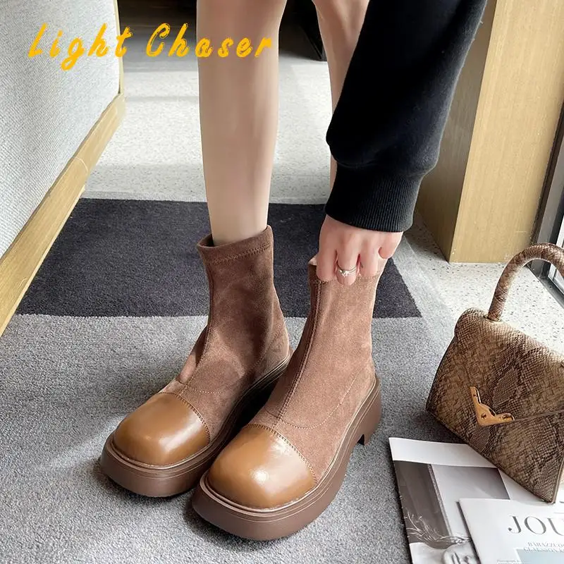 New Women Knee High Boots Leather Warm Boots Thick High Heels Motorcycle Boots Punk Shoes Woman High Boots Elastic Stocking Boot