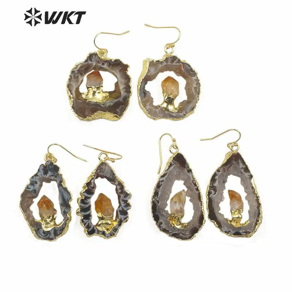 WT-E609 WKT Special Design Irregular Shape Druzy Geode Crystal Earrings Women Fashion Jewelry Gold Electroplated Stone