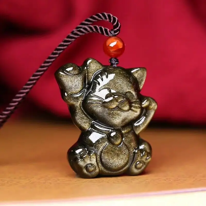 Natural Gold Obsidian Flash Light Cat Wealthy Pendant 31x22x7mm Natural Necklace Obsidan Carved Drop Shipping AAAAA