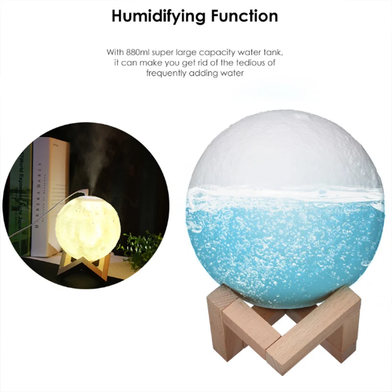 Grand humidificateur d'air pour aromathérapie, diffuseur d'huiles essentielles et d'arôme, avec lumière de lune Led 3d, USB, cadeau de noël, 880ml