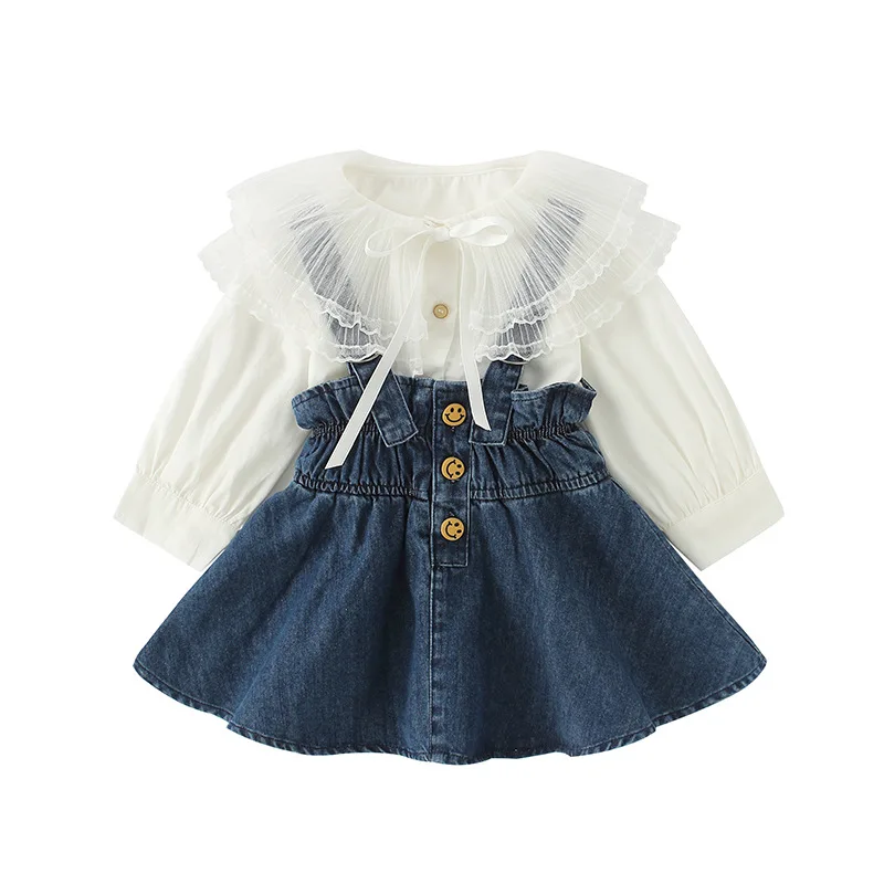 Toddler Baby Dress 1 2 3 4 5 6 Years 2022 Spring Autumn Kid's Outwear Infant Big Lace Neck Shirt+Dress Two Pieces Set For Girls