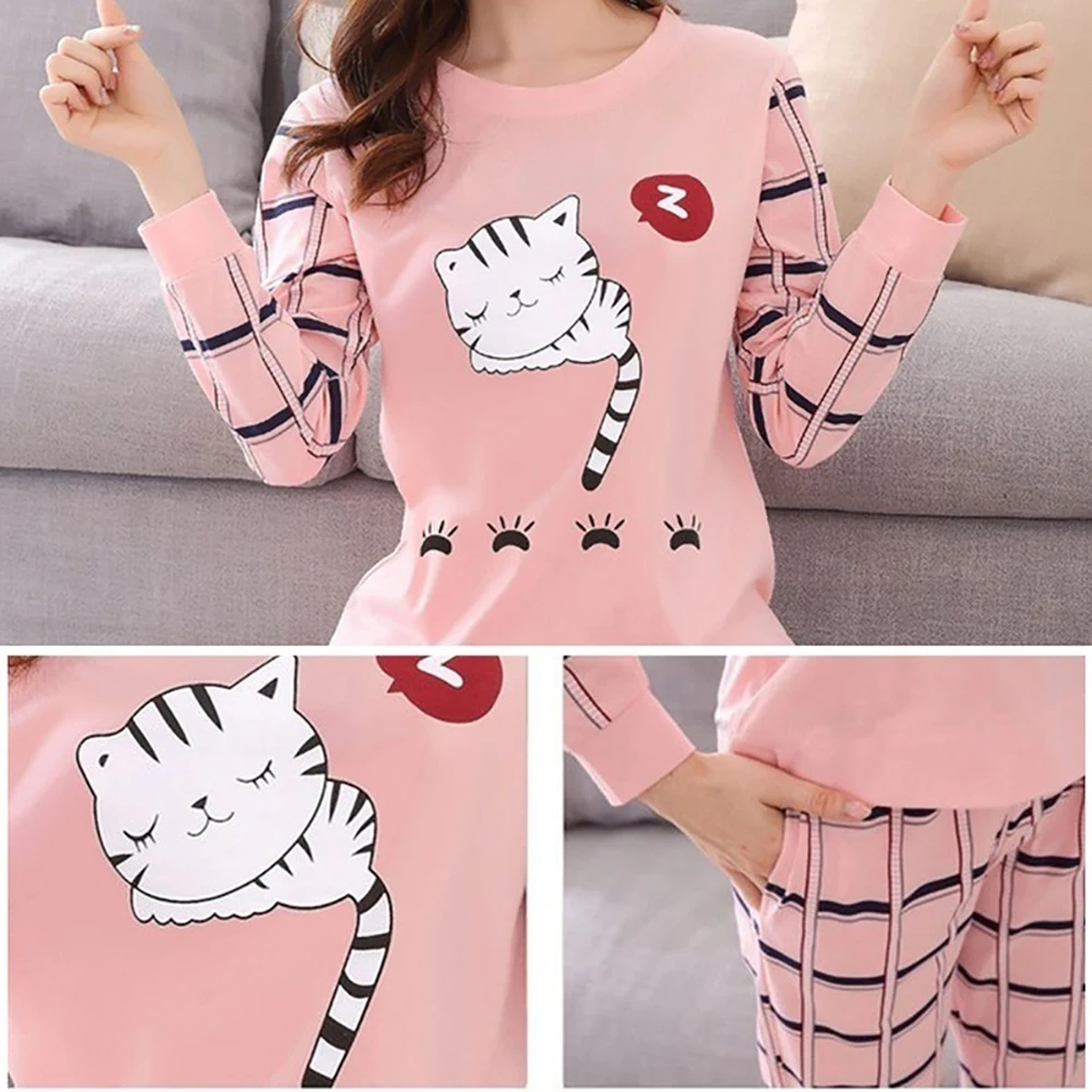 Pyjama deux pièces imprimé dessin animé pour femme, manches longues, col rond, vêtements de maison décontractés, mignon, hiver