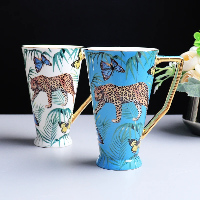 Europe Luxury Bone China Coffee Mug Cup Set, Leopard Forest Cheetah Water Drinking Glasses, Teacup Home Drinkware Gifts