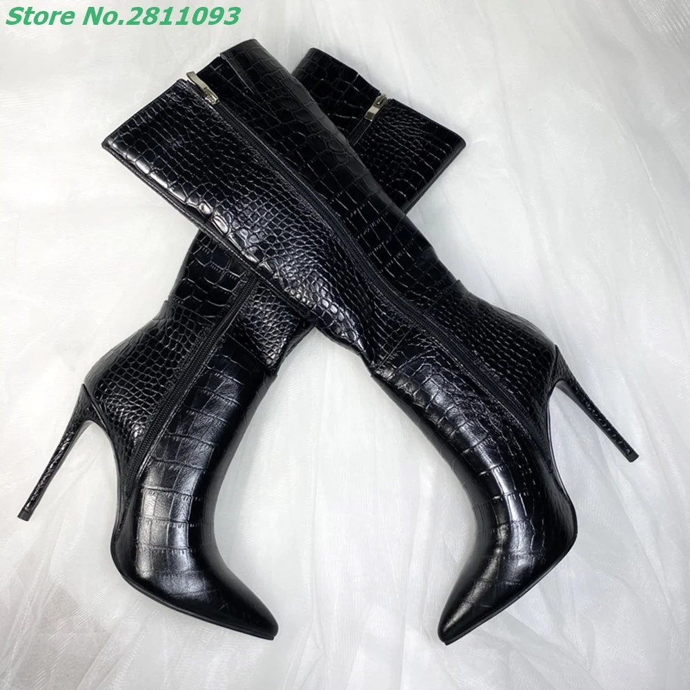 The Newest Hot Winter And Autumn Side Zipper Boots 2021 Knee High Thin Heels Women\'s Crocodile Leather Solid Black Fashion Shoes