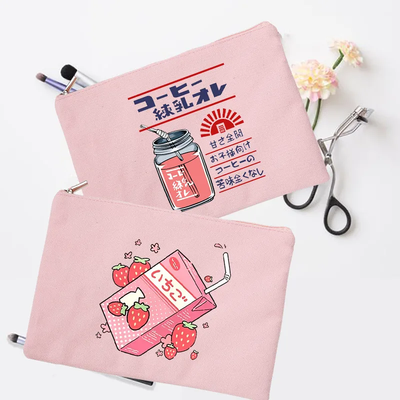 

Japan Strawberry Juice Print Girl Makeup Bag Travel Cosmetic Case Women Toiletries Organizer Purse Kawaii Pencil Bags Girls Gift