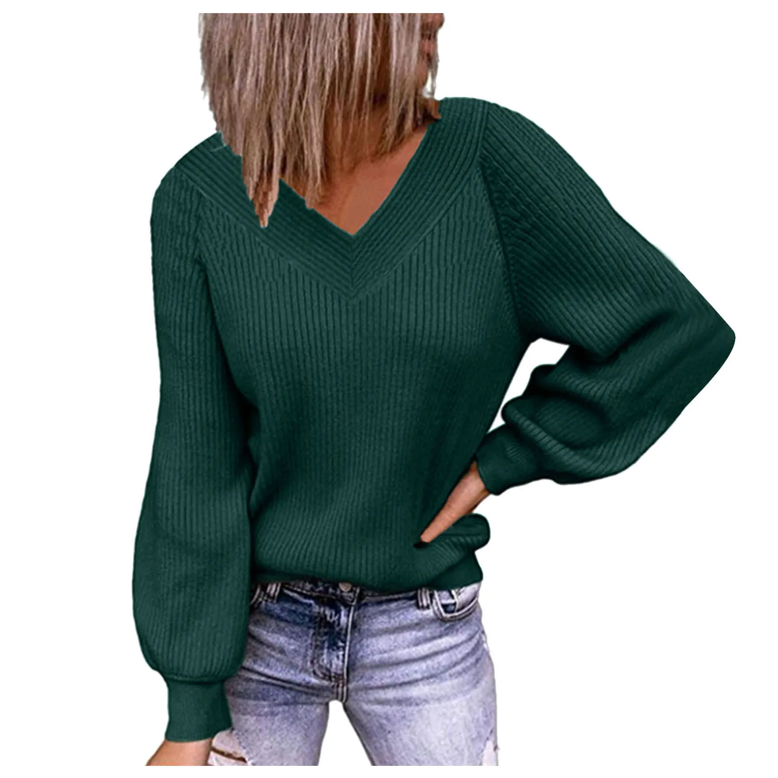 Women's Sweater Knitted Autumn Winter V Neck Thick Knit Pullover Lantern Long Sleeve White Warm Sweaters For Women Jersey Mujer