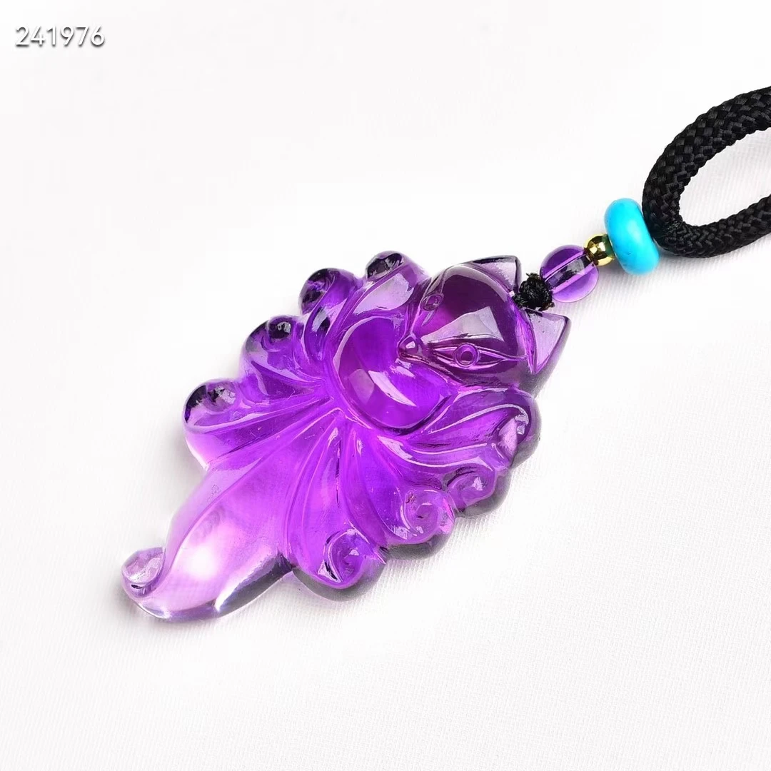 Natural Purple Amethyst Quartz 9 Tails Fox Pendant 38.8*23*12mm Women Amethyst Fox Necklace Jewelry AAAAA