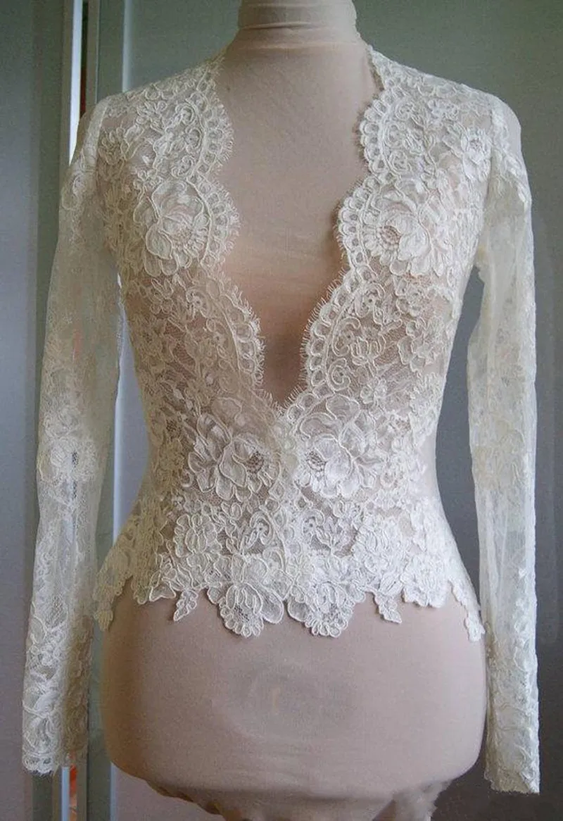 

New Bridal Wraps Lace Wedding Jackets Bolero Ivory White Bridal Long Sleeves Tops Shawl V Neck Custom Made