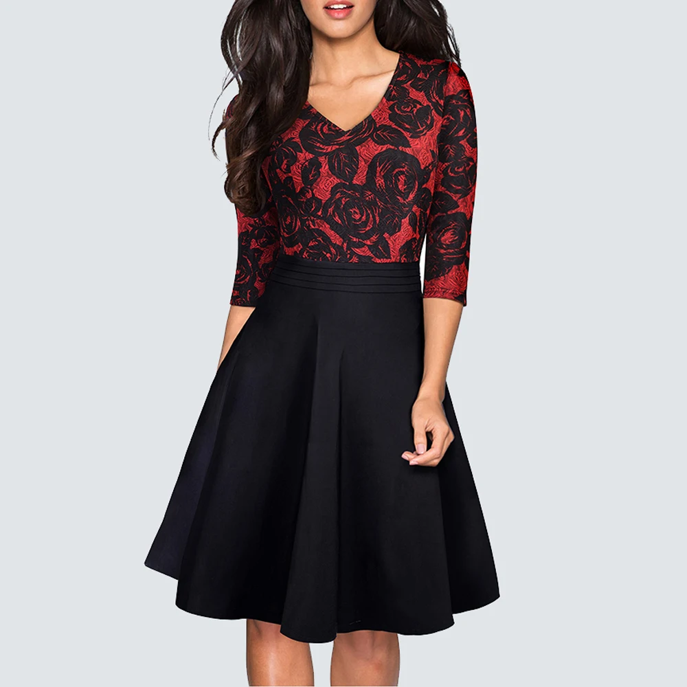 New Autumn Vintage Stylish Floral Lace Patchwork Black Party Women Casual Work Office Swing Skater Dress HA186